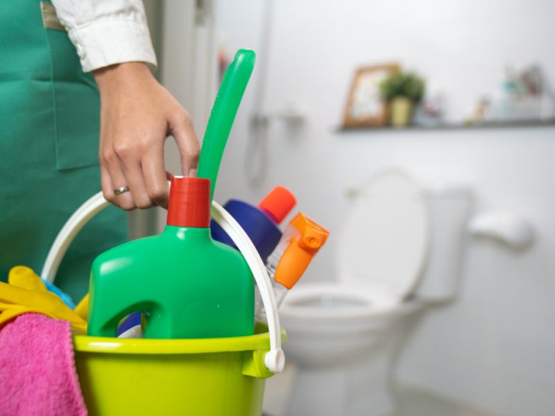 The cleaning woman is standing in the bathroom holding a blue bucket full of chemicals and facilities for storing her hands.